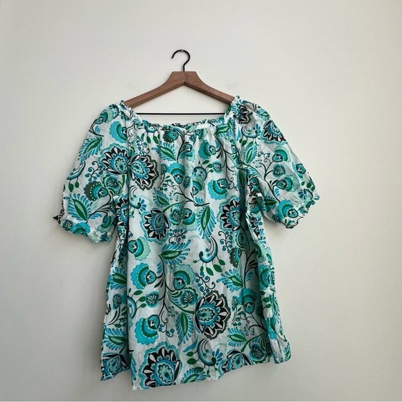 Talbots GRACEFUL FLORAL RUFFLE SQUARE NECK TOP Coastal Blue Green gauze cotton - Picture 11 of 13